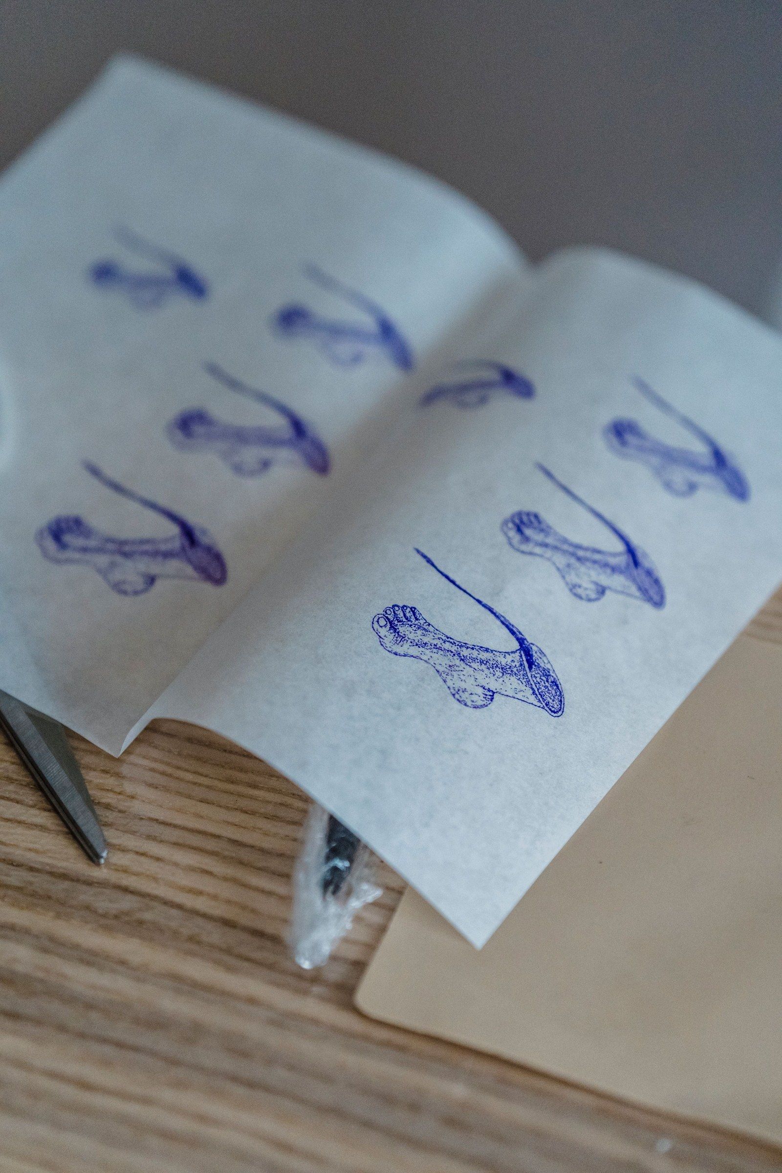 Bogen Schablonenpapier mit violett durchgepausten Zeichnungen auf einem Holztisch